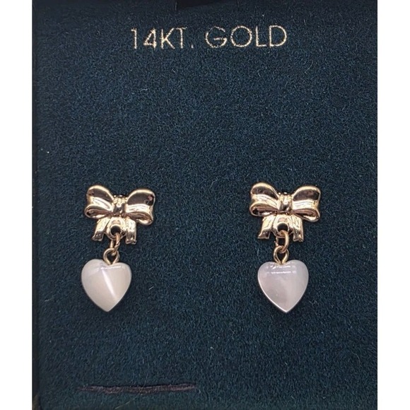 The Unbranded Brand Jewelry - Bow Mother of Pearl Heart Earrings 14k Gold Vintage